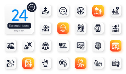 Set of People flat icons. Mobile like, Puzzle and Global business elements for web application. User notification, Delivery market, Health skin icons. Fingerprint, Business report. Vector