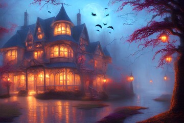 Halloween night background image with spooky cottage, bats,  full moon, dark and mysterious, happy halloween.