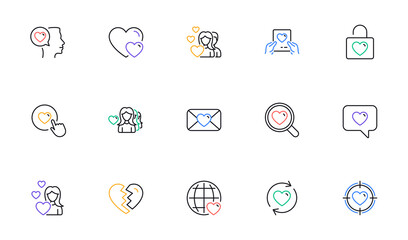 Love line icons. Heart, Valentines day and Relationships. Romantic linear icon set. Bicolor outline web elements. Vector