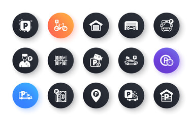 Parking icons. Garage, Valet servant and Paid parking. Car transport park place classic icon set. Circle web buttons. Vector