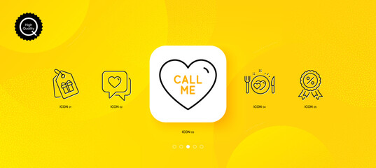 Fototapeta na wymiar Discount medal, Romantic dinner and Coupons minimal line icons. Yellow abstract background. Call me, Heart icons. For web, application, printing. Sale award, Love food, Shopping tags. Vector