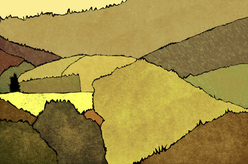 Ilustracja krajobraz pola uprawne na tle gór kompozycja barwna w stonowanych kolorach.