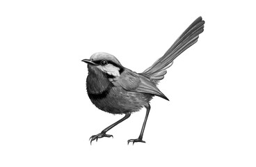 Little bird illustration. Black and white. Pencil drawing 