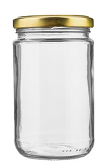 Close empty glass jar for food and canned food with isolated on white background.