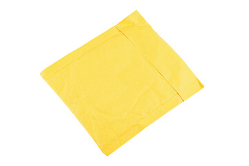 Yellow postal bag for packing parcels isolated on white background. Space for text.