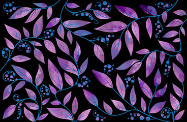 foliage seamless pattern of colorful branches with leaves. Watercolor floral illustration on black background. Watercolor branches with leaves. Natural background 