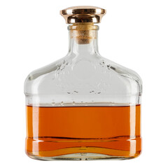 Half bottle of strong alcohol, whiskey or cognac isolated on white background.