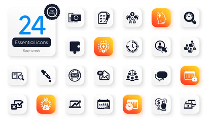 Set of Education flat icons. Money currency, Calendar time and Talk bubble elements for web application. Chemistry lab, User, Time icons. Outsource work, Calendar, Fake news elements. Vector