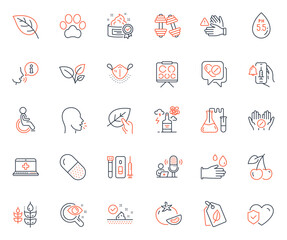 Healthcare icons set. Included icon as Bio tags, Cream and Capsule pill web elements. Ph neutral, Blood and saliva test, Leaf icons. Vision board, Cough, Medical mask web signs. Vector