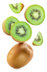 Fototapeta premium Kiwi fruits and kiwi slices flying in air isolated on white background.