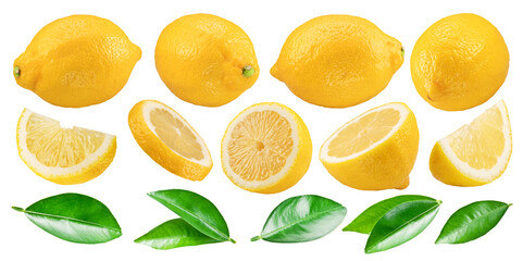Set of ripe lemon fruits, lemon leaves and variety of lemon slices on white background. File...