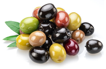 Kalamata, green and black olives isolated on white background.