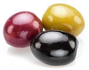 Kalamata, green and black olives isolated on white background.