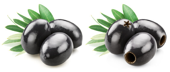 Black pitted olives and whole black olives with leaves isolated on white background.
