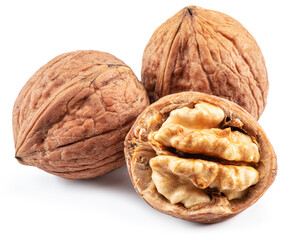 Walnuts and walnut kernel isolated on white background.