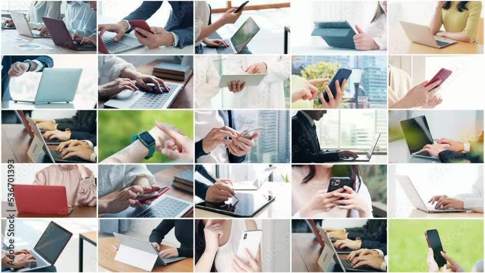 Poster Collage of various mobile devices using scenes. Multi screen. Scaling transition.