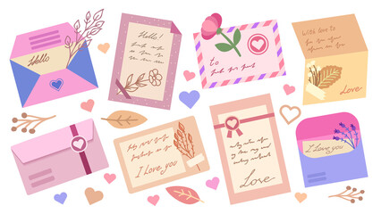 Obraz premium Colorful flat envelops and postcards. Love letters with hearts, flowers, and leaves. Love, friendship and greeting letters for web, social media, crafts, printing design and other.
