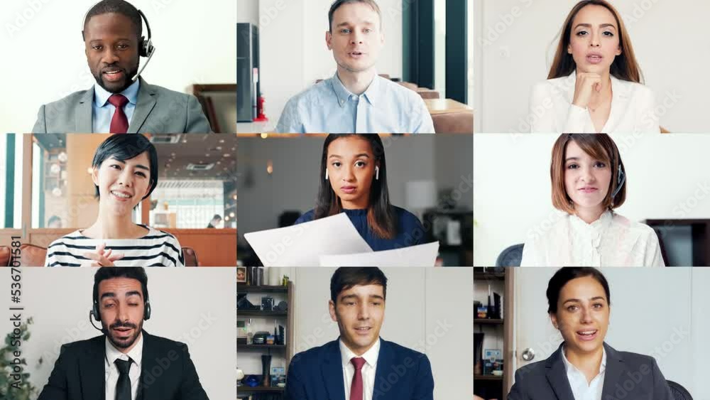 Fototapete group of multi national people talking with video calling system. multi screen. scaling transition.