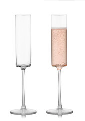 Pink rose champagne glasses on white background. Full and empty glass for fine dinner.
