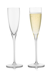 Champagne full and empty glasses on white background.
