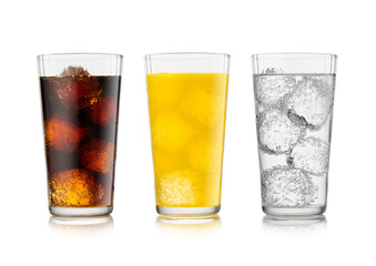 Cola soda drink with lemonade and orange soda with ice cubes and bubbles on white background.