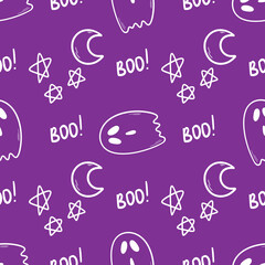Cute hand drawn vector Halloween seamless pattern, violet doodle background. For Halloween print, banners, wallpapers, textiles, wrapping.