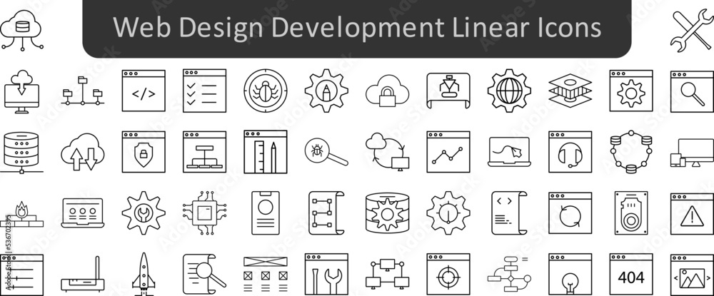 Poster web design development linear icons set. web icon set. website set icon vector