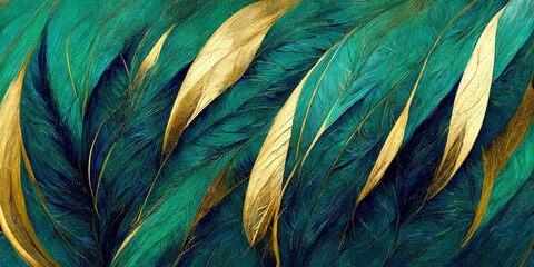 Abstract background with turquoise and golden feathers pattern texture - obrazy, fototapety, plakaty