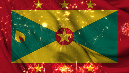 Grenada flag seamless animation with fireworks. Best stock of Grenadian flag nation wave. Independence day, a happy new year with fireworks and flag background Waving in the Wind Continuously