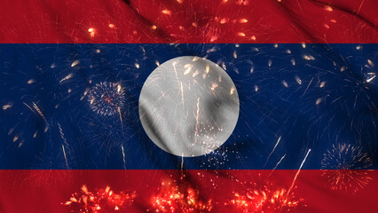 Laos flag seamless animation with fireworks. Best stock of Laos flag nation wave. Independence day,...