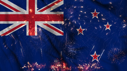 New Zealand flag seamless animation with fireworks. Best stock of New Zealand flag nation wave. Independence day, a happy new year with fireworks and flag background Waving in the Wind Continuously