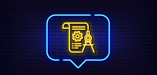 Neon light speech bubble. Divider document line icon. Engineering cogwheel tool sign. Cog gear symbol. Neon light background. Divider document glow line. Brick wall banner. Vector