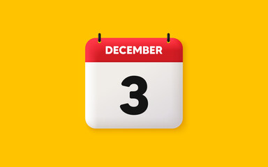 Calendar date 3d icon. 3rd day of the month icon. Event schedule date. Meeting appointment time. Agenda plan, December month schedule 3d calendar and Time planner. 3rd day day reminder. Vector