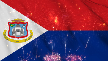 St Martin flag seamless animation with fireworks. Best stock of Saint Martin flag nation wave. Independence day, a happy new year with fireworks and flag background Waving in the Wind Continuously