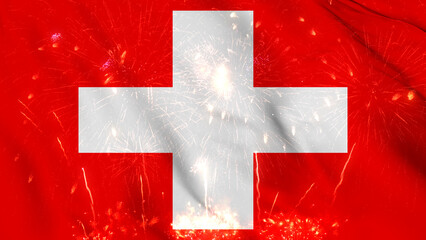 Switzerland flag seamless animation with fireworks. Best stock of Swiss flag nation wave. Independence day, a happy new year with fireworks and flag background Waving in the Wind Continuously