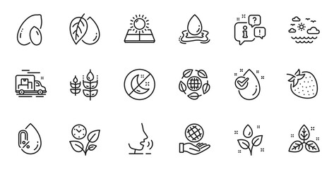 Outline set of Travel sea, Gluten free and Safe planet line icons for web application. Talk, information, delivery truck outline icon. Include No alcohol, Eco organic, Peanut icons. Vector