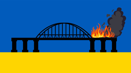 The bridge is on fire. Fire and clouds of smoke. Black silhouette of a bridge with an arch. Flat simple illustration. Ukrainian flag.