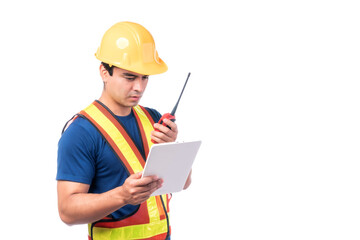 Portrait young architect man engineering with yellow helmet holding megaphone and tablet computer in hand , He standing arms crossed isolated on white background with copy space