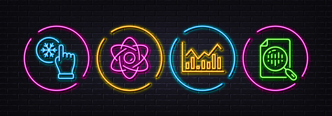 Atom core, Infochart and Freezing click minimal line icons. Neon laser 3d lights. Analytics chart icons. For web, application, printing. Nuclear power, Stock exchange, Air conditioner. Vector