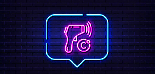 Neon light speech bubble. Electronic thermometer line icon. Temperature scanner sign. Fever measuring symbol. Neon light background. Electronic thermometer glow line. Brick wall banner. Vector
