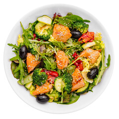 Salad of baked fish salmon, broccoli, lettuce top view
