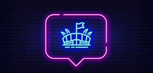 Neon light speech bubble. Sports stadium line icon. Arena with flag sign. Sport complex symbol. Neon light background. Arena glow line. Brick wall banner. Vector
