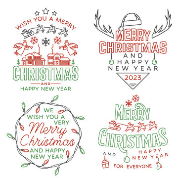 Set of Merry Christmas and Happy New Year stamp, sticker Set quotes with snowflakes, elk, sweet candy, angels, santa claus. Vector. Line art design for xmas, new year emblem.