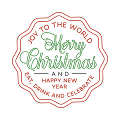 Joy to the world. Merry Christmas and Happy New Year stamp, sticker. Vector illustration. Line art design for xmas, new year emblem in retro style. Coaster for beer or beer bottle cap.