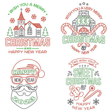 Set of Merry Christmas and Happy New Year stamp, sticker Set quotes with Catholic Church, fireplace, christmas socks, candy, santa claus. Vector. Line art design for xmas, new year emblem.