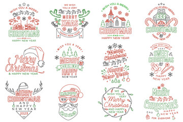 Set of Merry Christmas and Happy New Year stamp, sticker Set quotes with Catholic Church, fireplace, christmas socks, candy, santa claus. Vector. Line art design for xmas, new year emblem.