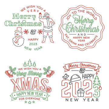 We wish you a very Merry Christmas and Happy New Year stamp, sticker set with snowman and Santa Claus. Vector illustration. Line art design for xmas, new year emblem in retro style.