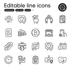 Set of Business outline icons. Contains icons as Metro map, Comments and Stress elements. Businessman case, Time change, Internet documents web signs. Hotdog, Refrigerator app. Vector