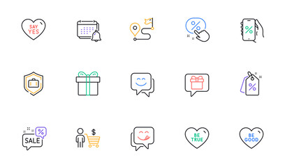 Buyer, Yummy smile and Luggage protect line icons for website, printing. Collection of Say yes, Journey, Notification icons. Discount button, Discounts app, Smile face web elements. Vector