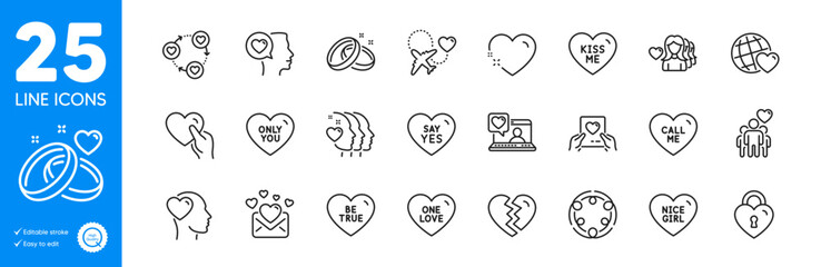 Outline icons set. Romantic talk, Friend and Honeymoon travel icons. Say yes, Love mail, Inclusion web elements. Kiss me, Friendship, Nice girl signs. Love lock, Friends world, Call me. Vector